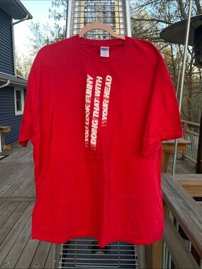 Red Graphic Crewneck Tee with Vertical White Text - Men's Short Sleeve